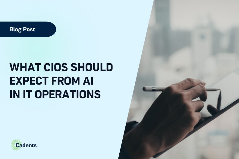 CIO reviewing AI-driven IT operations lifecycle data on a tablet.